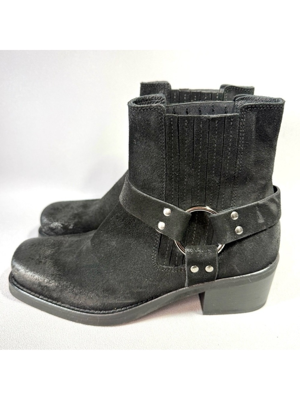 SUNDANCE Catalog Black Greased Suede Harness Short Boots